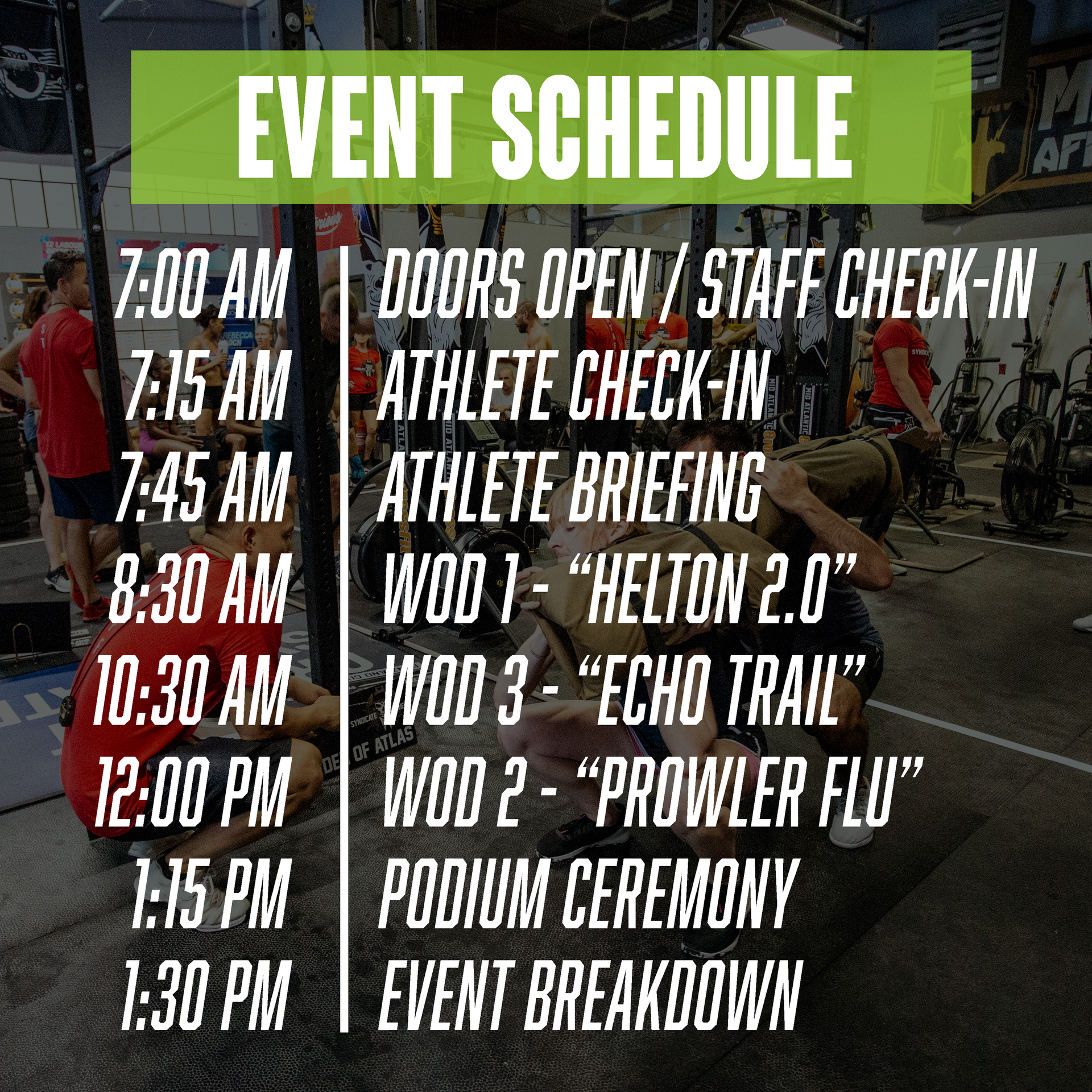 An event schedule for a gym with a podium ceremony