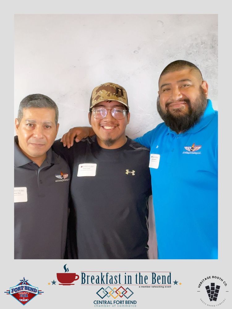 Three men are posing for a picture with the caption breakfast in the bend