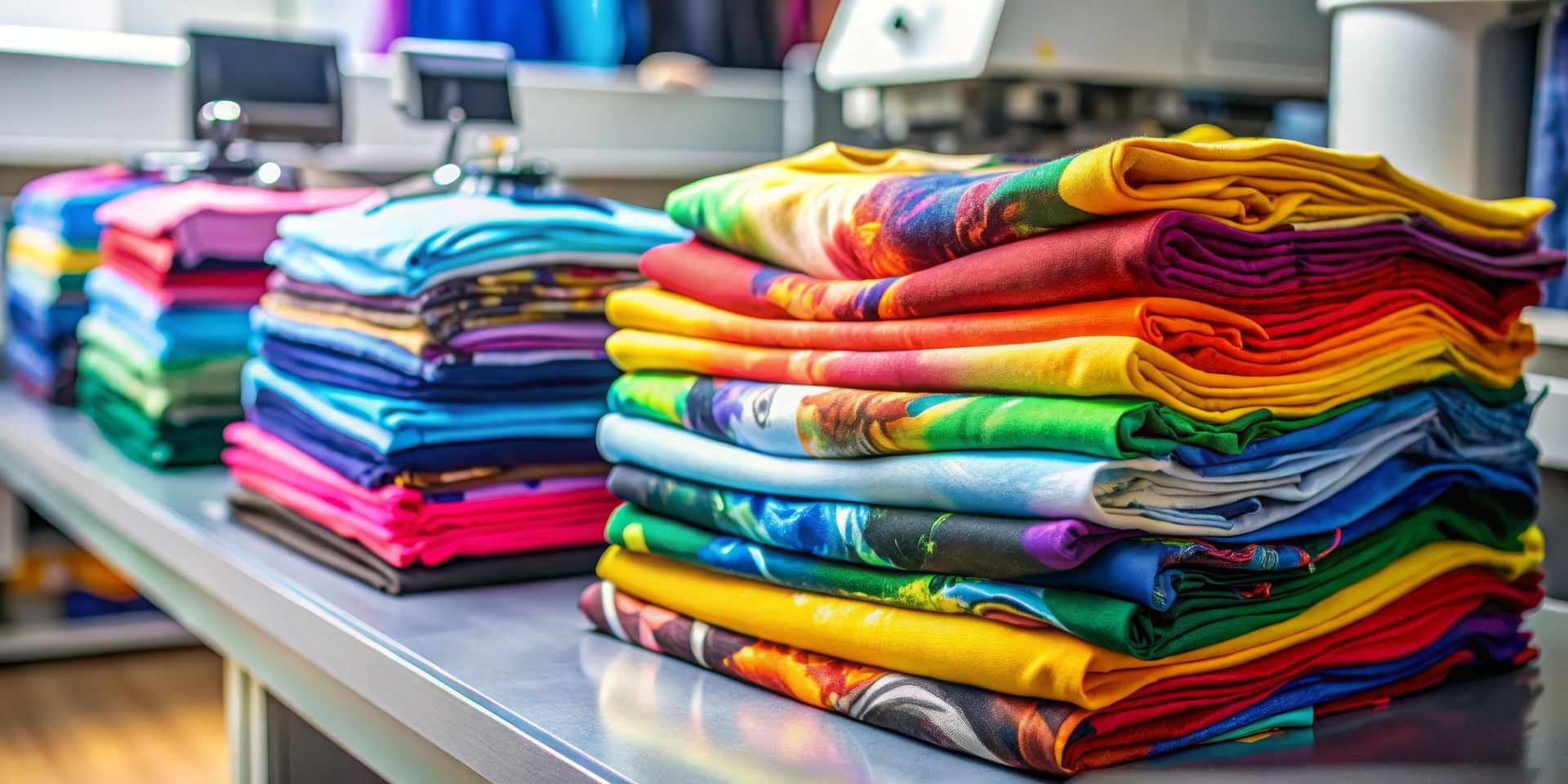 Several stacks of colorful, folded graphic T-shirts are arranged on a long table in a print shop or garment workspace.
