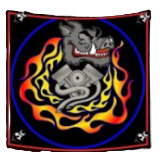 A gray, grinning boar head sits above a V-twin engine, all surrounded by stylized orange flames inside a blue circle.