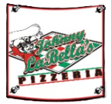 Logo for Johnny LaBella's Pizzeria featuring a cartoon chef tossing dough over a diamond-shaped Italian flag motif.