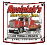 Logo for Rusiniak's Service, Inc., a towing and recovery business, featuring a red tow truck and phone number 716-656-8479.