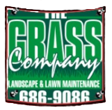 Logo for The Grass Company, featuring green text on a dark background, stating “Landscape & Lawn Maintenance” and 686-9086.