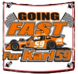 A racing-themed graphic featuring an orange race car with the number 59, text