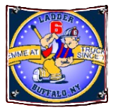 Emblem for Ladder 6, Buffalo, NY, featuring a cartoon firefighter holding an axe inside a circular blue border.