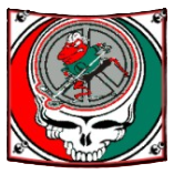 A Grateful Dead-style skull icon with a peace sign and a red bird in a green shirt inside a red and green circular frame.