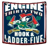 A patch for Engine 32 and Hook & Ladder 5 featuring a Notre Dame fighting leprechaun mascot holding firefighting gear.