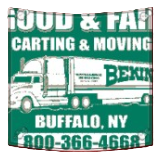 A green and white sign for Bekins Carting & Moving in Buffalo, NY, showing a semi-truck and the phone number 800-366-4668.