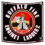 A Buffalo Fire Department patch for Engine 1 and Ladder 2 featuring a downtown city skyline, hydrant, and the word Downtowners.