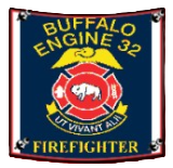 A rectangular patch for Buffalo Fire Engine 32, featuring a red Maltese cross, a white buffalo, and Latin text on blue.