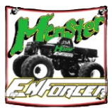 A black monster truck positioned below the bright green text