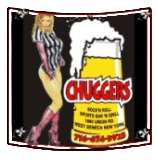 Logo for Chuggers bar in West Seneca, NY featuring a woman in a referee shirt next to a large, frothy glass of beer.