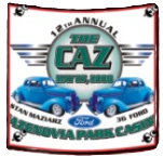 A sign for the 12th Annual The Caz car show on May 25, 2008, featuring two blue 1936 Fords at Cazenovia Park Casino.