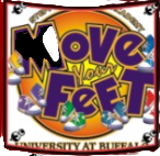 Logo for "Move Your Feet" at the University at Buffalo, featuring purple text over a yellow-orange circle and sneakers.