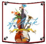 Logo featuring a violin, electric guitar, and trumpet entwined with flowers and paintbrushes, with the text "Artsink."