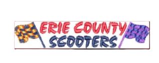 Logo for Erie County Scooters, featuring the business name in red and blue text flanked by two checkered flags.