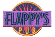 A logo for "Flappy's Pub" featuring blue lettering on a purple banner over a sunburst-patterned circle with gold outlines.