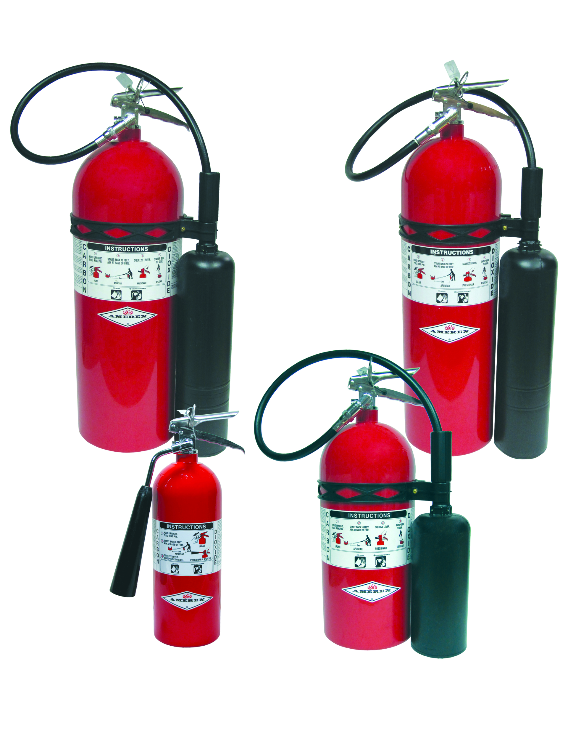 Three different sizes of fire extinguishers on a white background