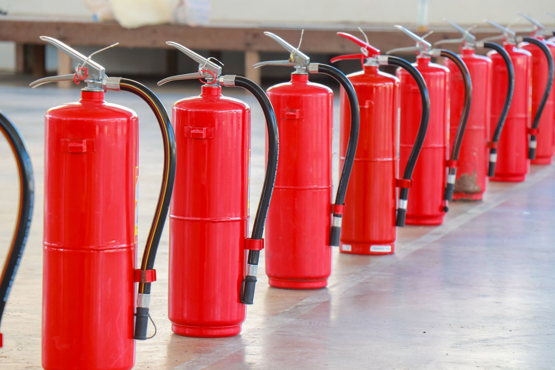 A row of red fire extinguishers lined up on a floor indoors, ready for safety inspection or use