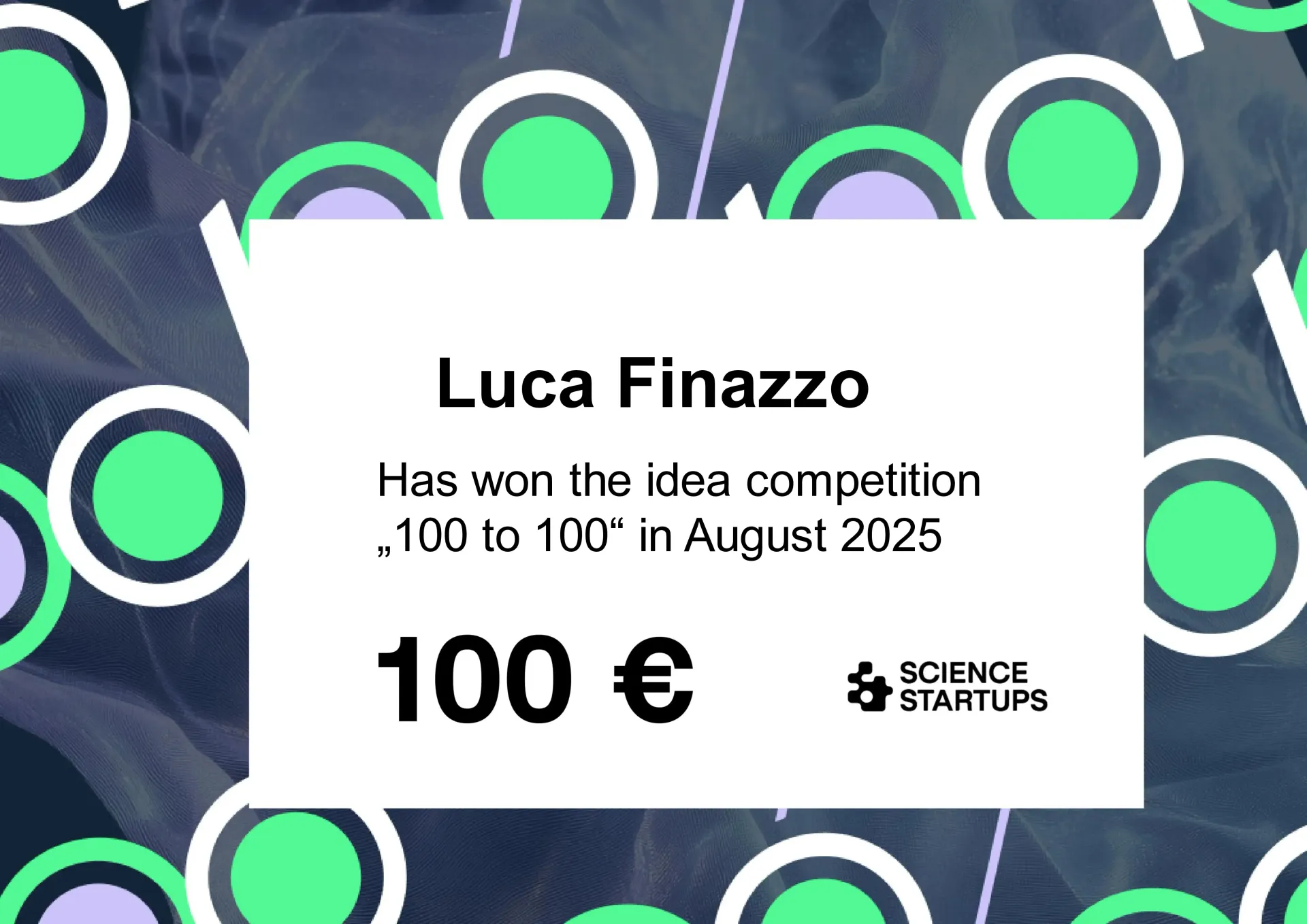 Luca Finazzo erhält den 100of100 Science and Startups Award für Grayzone Labs