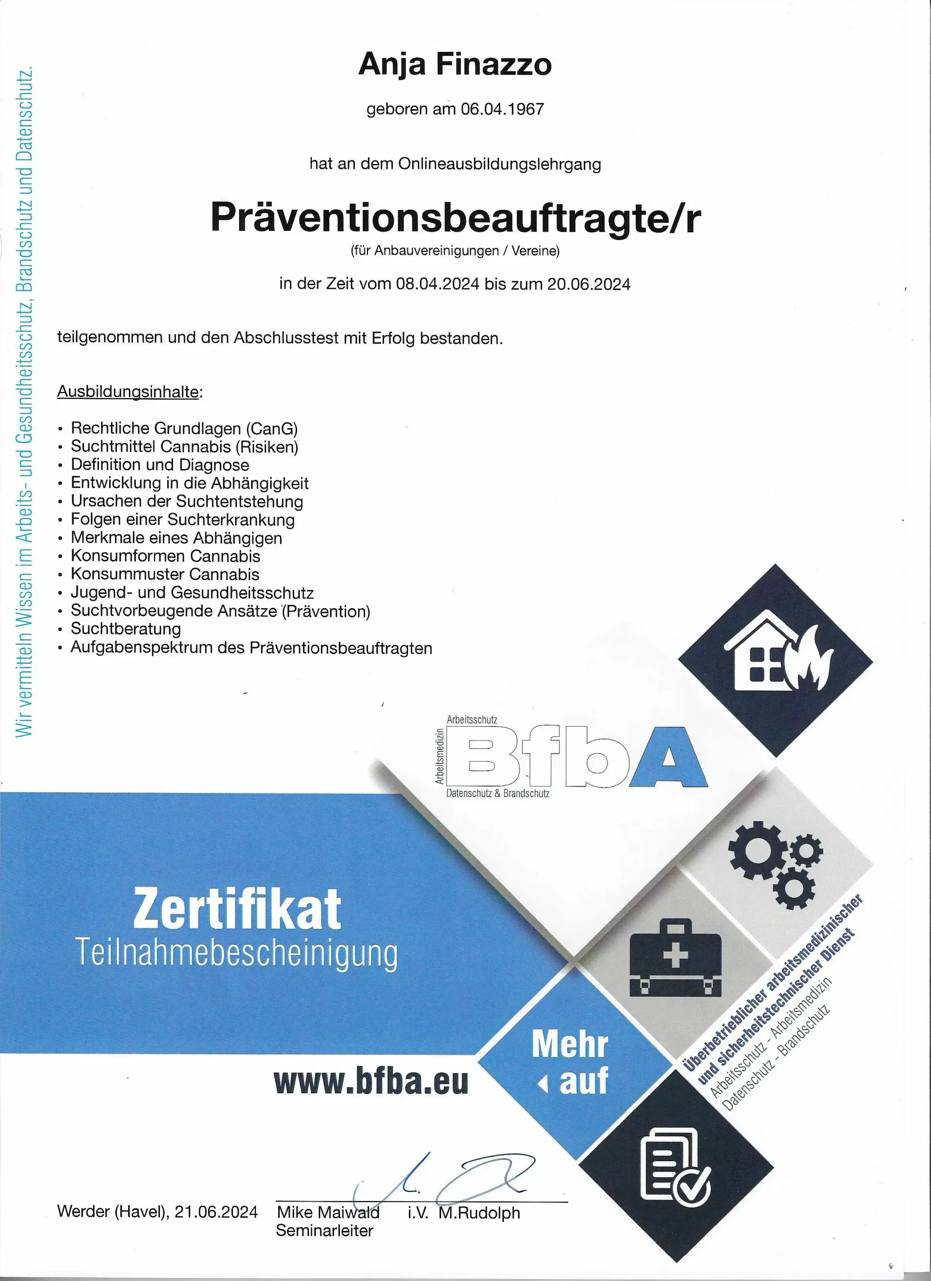 Zertifikat Präventionsbeauftragte/r Anja Finazzo - Staatlich anerkannte Qualifikation für Cannabisanbauvereinigungen gemäß KCanG