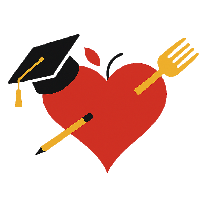 A Savage Foundation logo with a heart, pencil, graduation cap and fork.