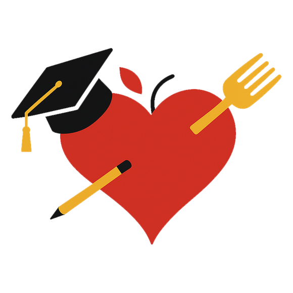 A Savage Foundation logo with a heart, pencil, graduation cap and fork.