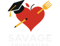 A Savage Foundation logo with a heart, pencil, graduation cap and fork.