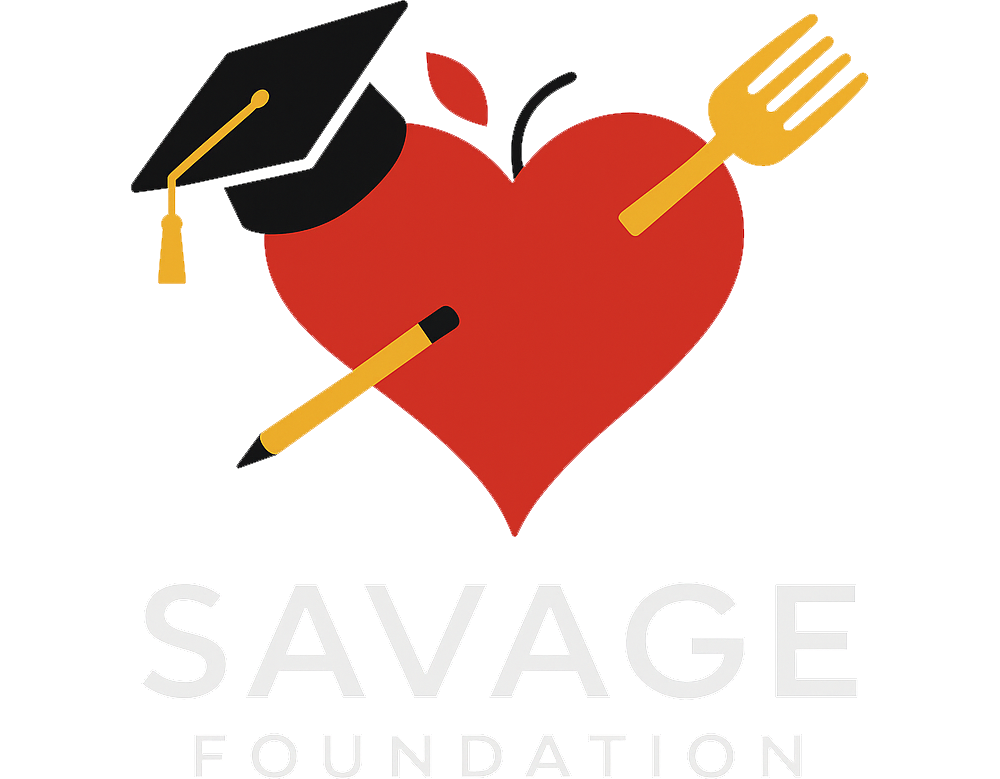 A Savage Foundation logo with a heart, pencil, graduation cap and fork.