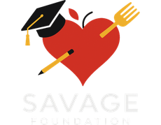 A Savage Foundation logo with a heart, pencil, graduation cap and fork.