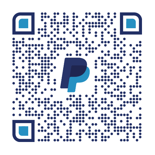 A QR code with a PayPal logo on it to scan and donate