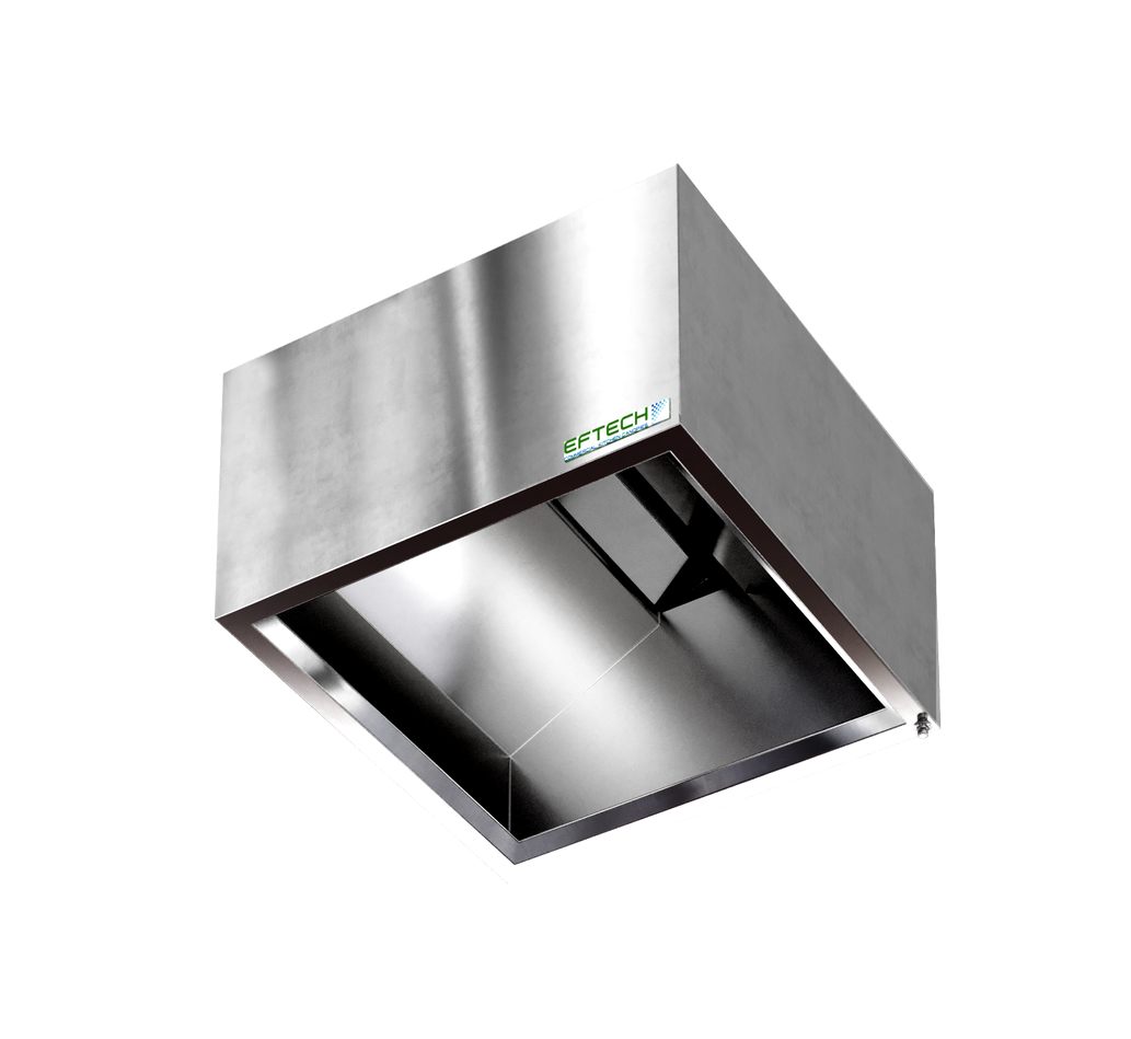 A stainless steel hood with a green sticker on it