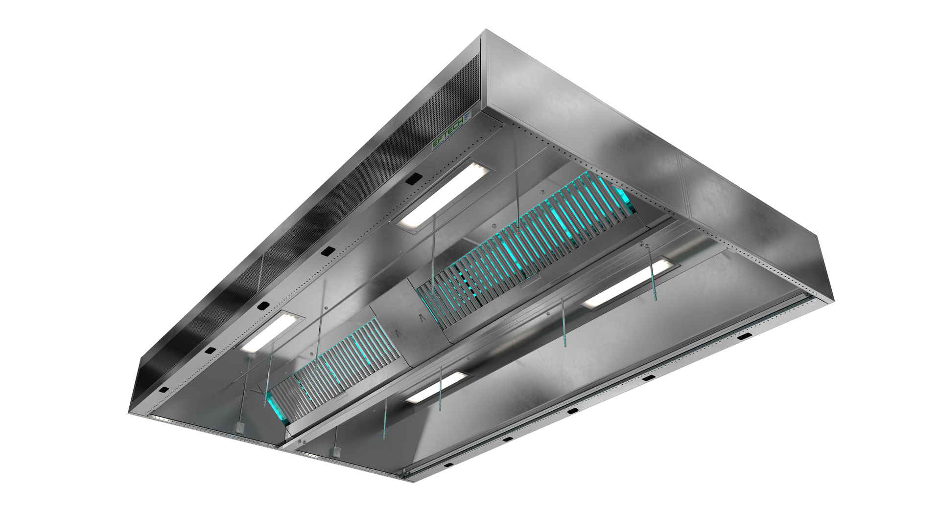 A stainless steel exhaust hood with a blue light on it is hanging from the ceiling.