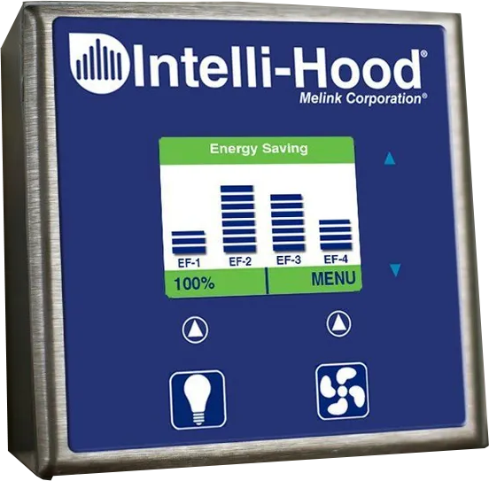 A blue intelli-hood device that shows energy saving