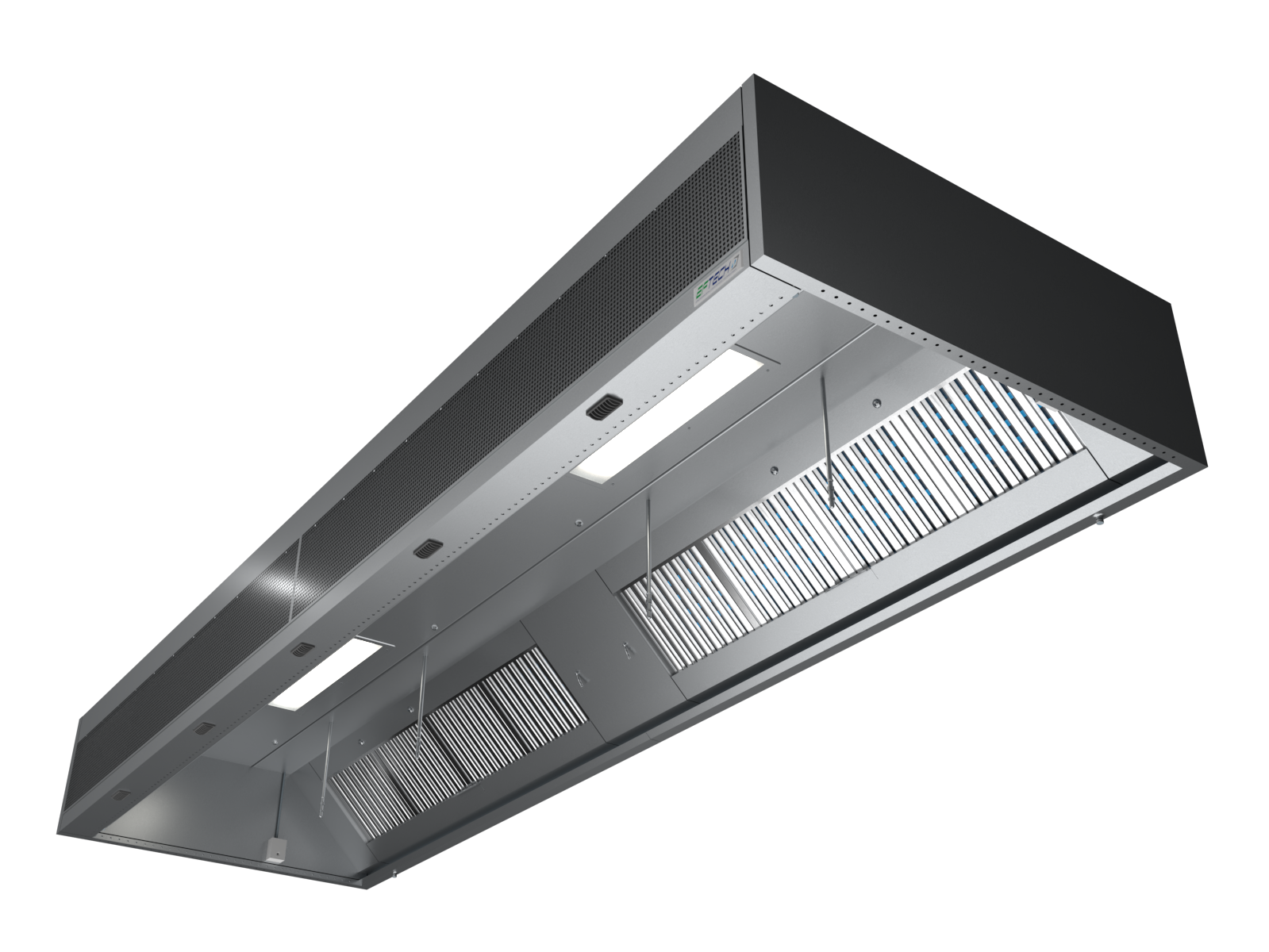 A stainless steel exhaust hood with lights hanging from the ceiling