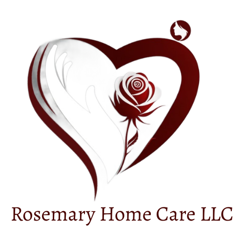 Logo: Heart shape, hand outline, rose, woman's head icon,