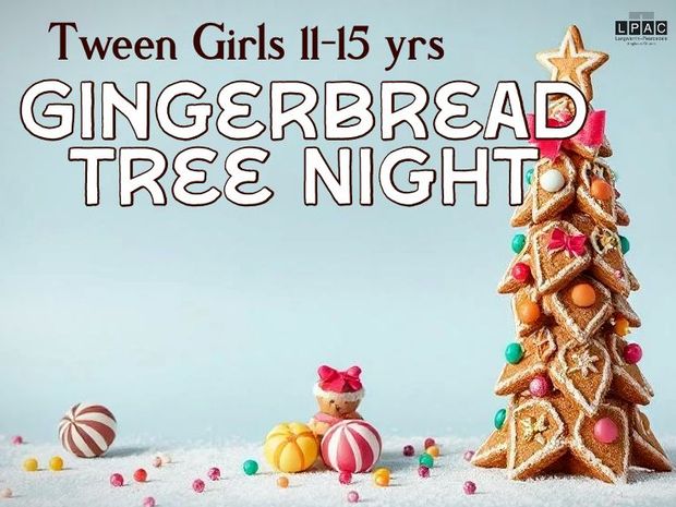 Gingerbread tree event for tween girls, with festive gingerbread decor on snow, light blue background.