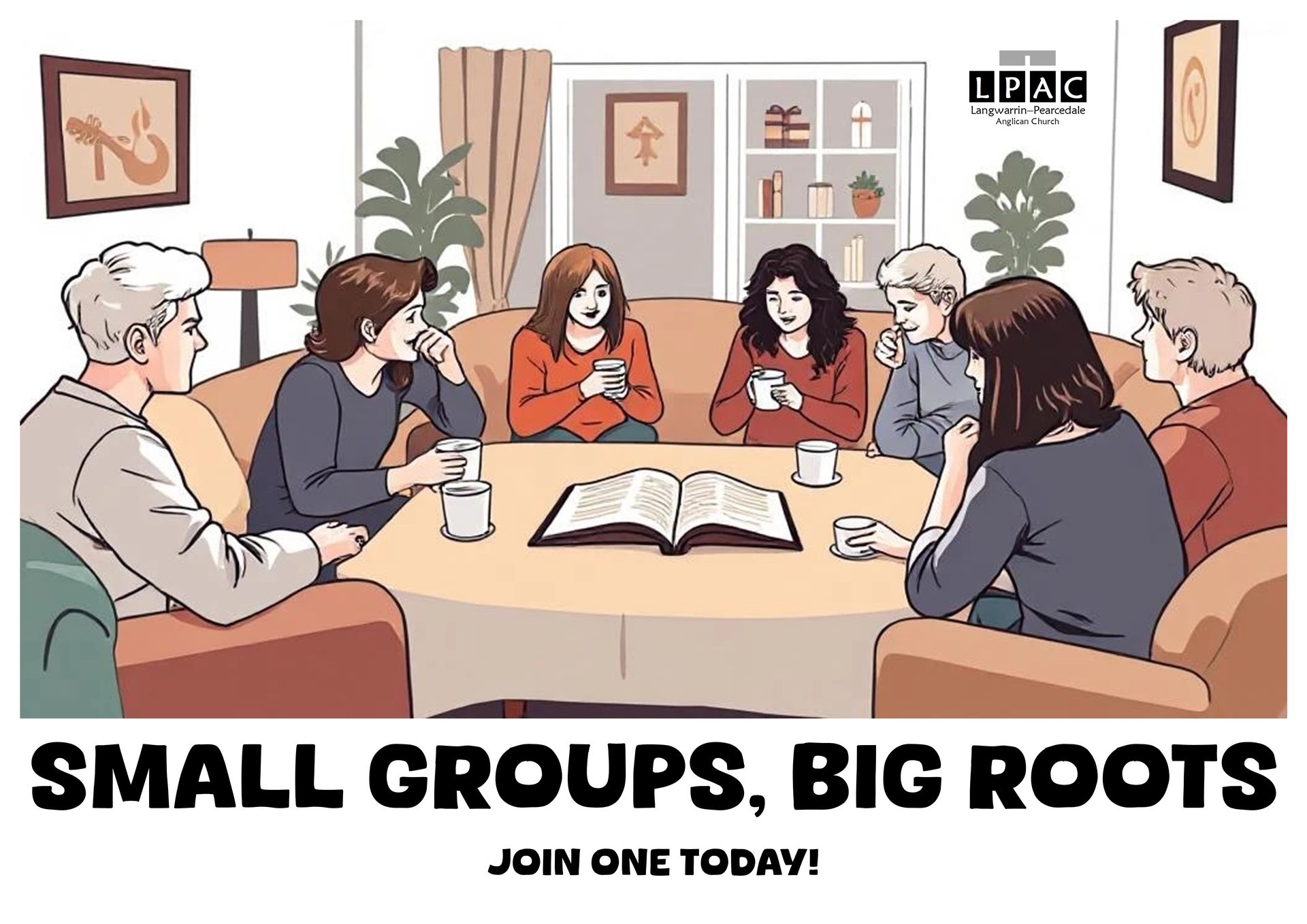 People in a living room, seated around a table, reading a book. Text: