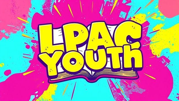LPAC Youth logo on a colorful, splashy background. Yellow text over an open book.