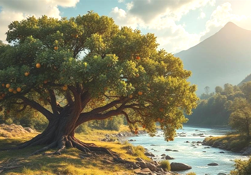 A large, leafy tree with oranges growing beside a flowing river in a mountain landscape, bathed in sunlight.