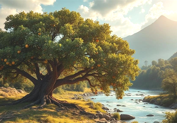 A large, leafy tree with oranges growing beside a flowing river in a mountain landscape, bathed in sunlight.