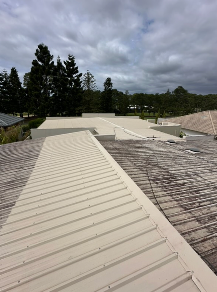 A roof with a white roof and trees in the background