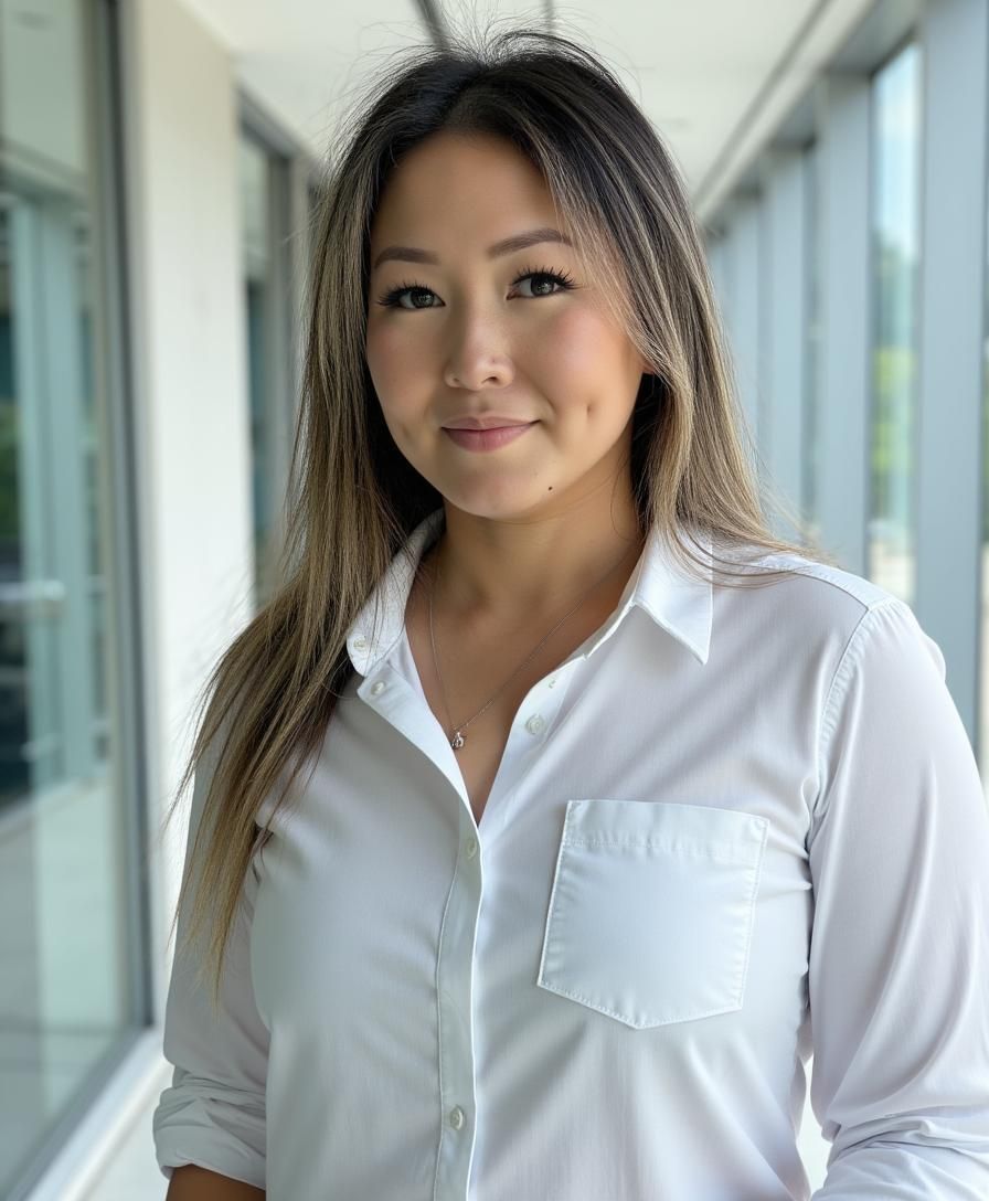 Asian american realtor associate, smiling with a collared jacket and crossed arms. 