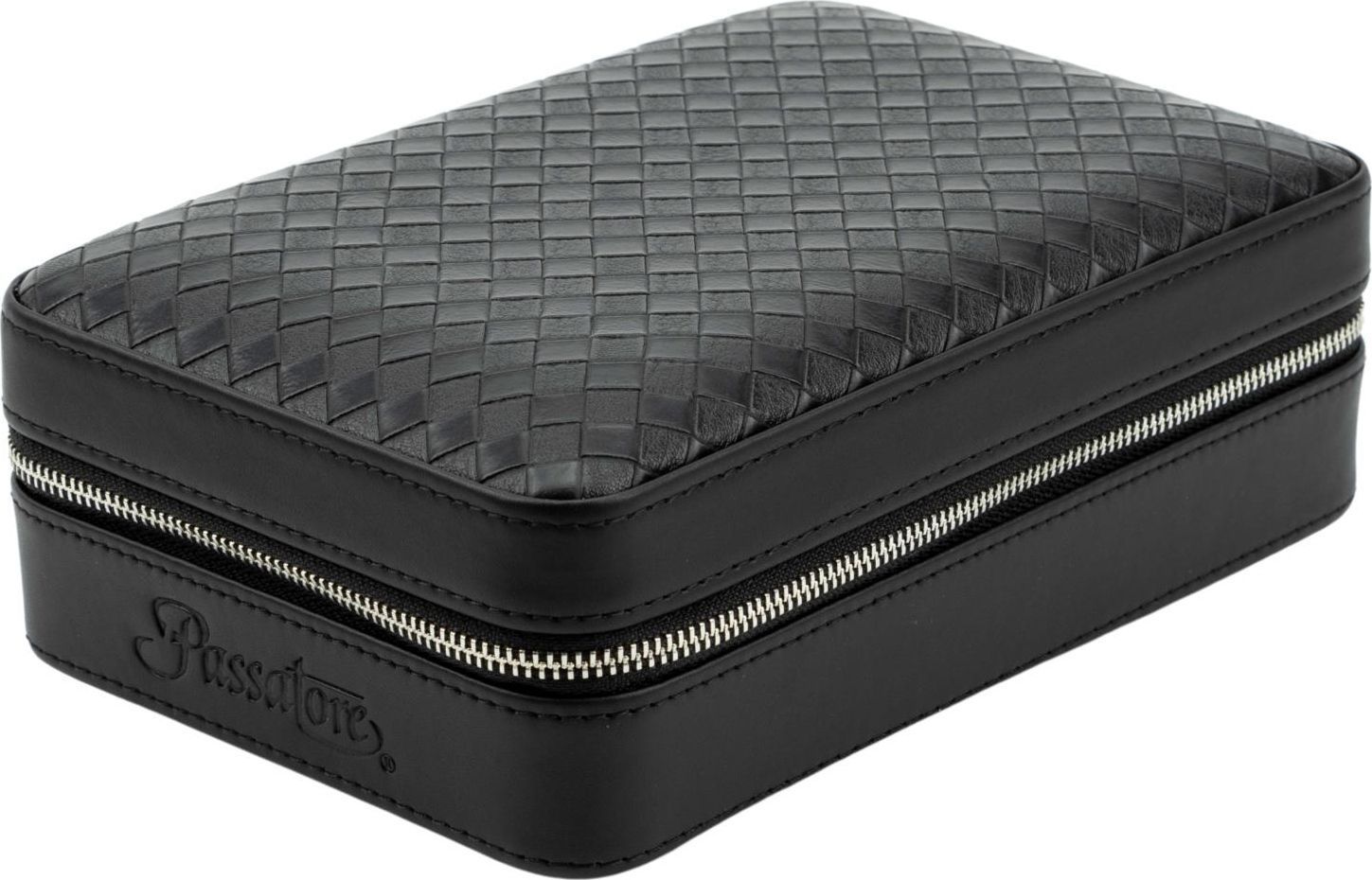 Zwarte, rechthoekige sieradendoos met geweven patroon, zilverkleurige ritssluiting en 