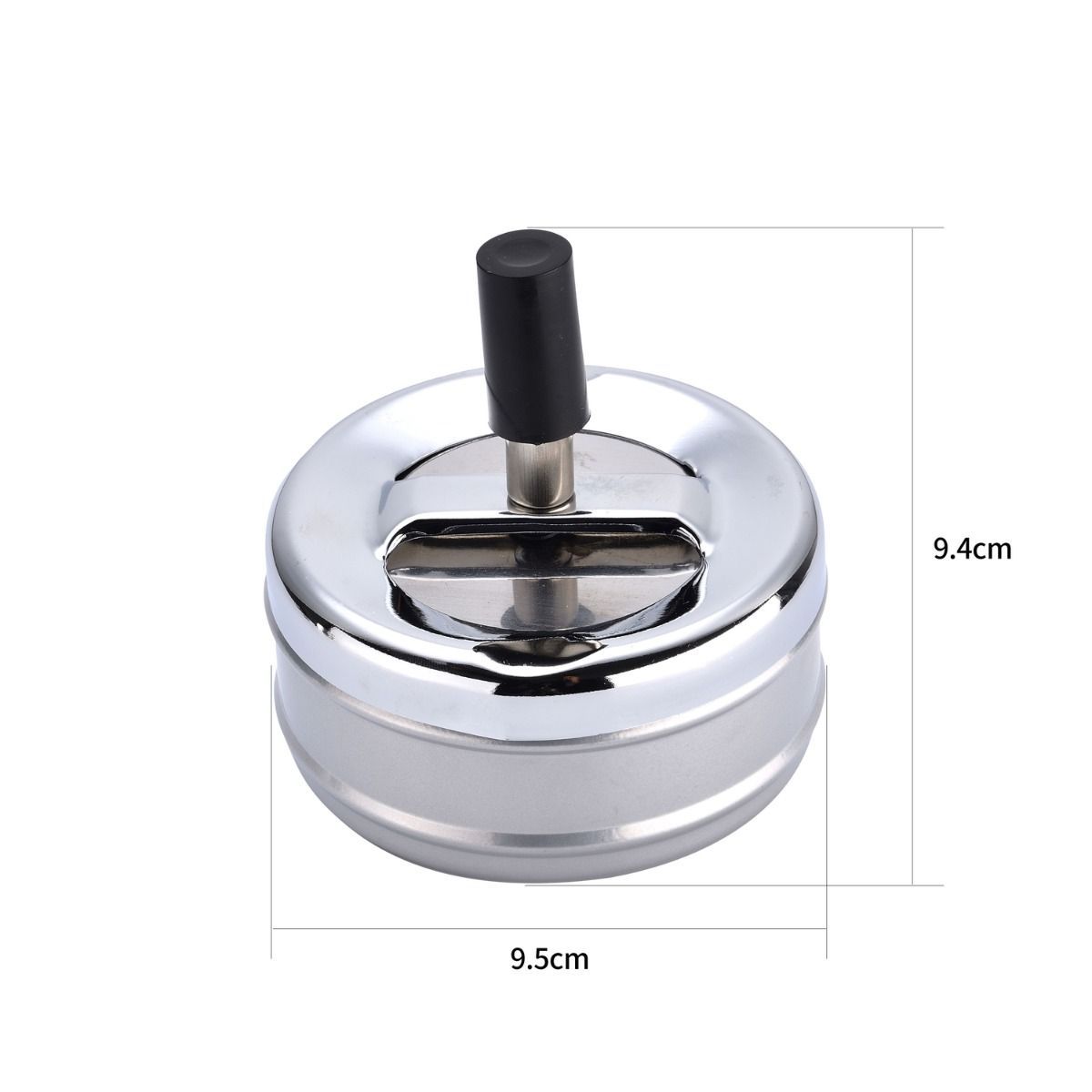 Vitrinekast met chromen asbakken en een zwarte draaiknop.