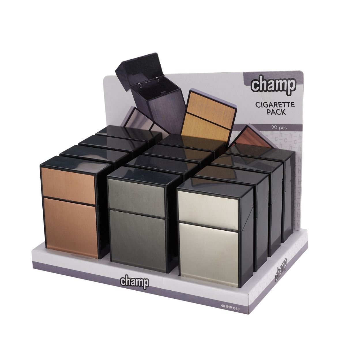 Presentatie van sigarettenetuis van het merk Champ in diverse metallic kleuren.