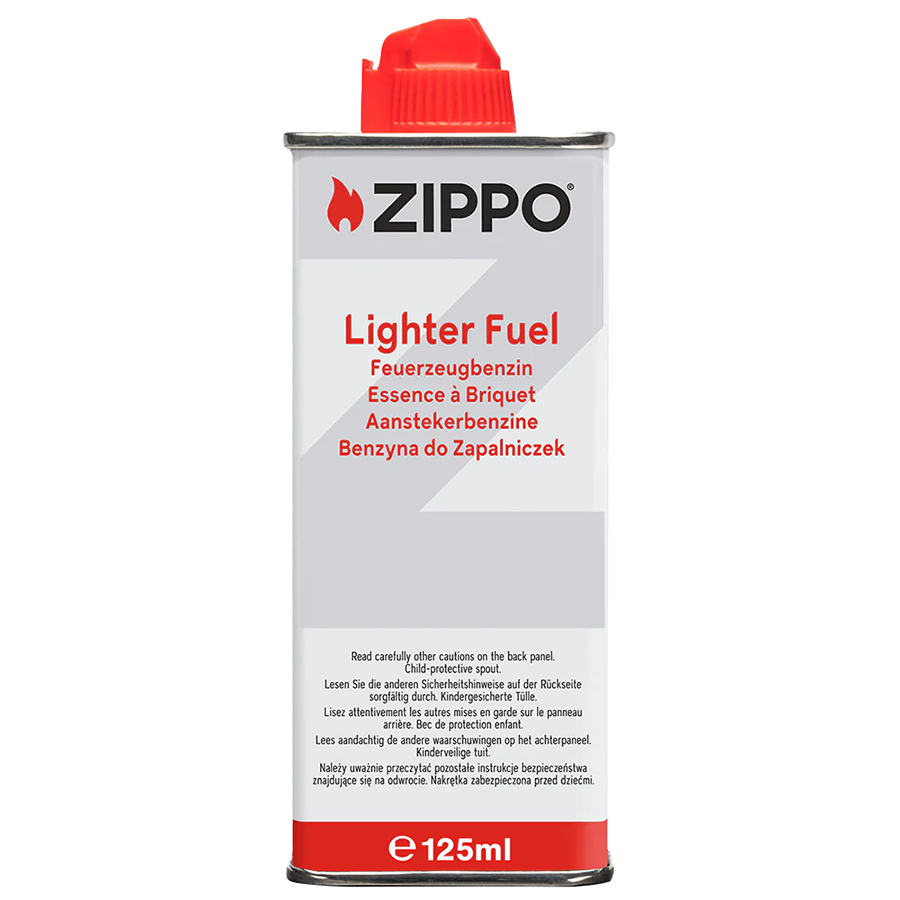 Zippo aanstekervloeistofbusje met rode dop. Tekst: 