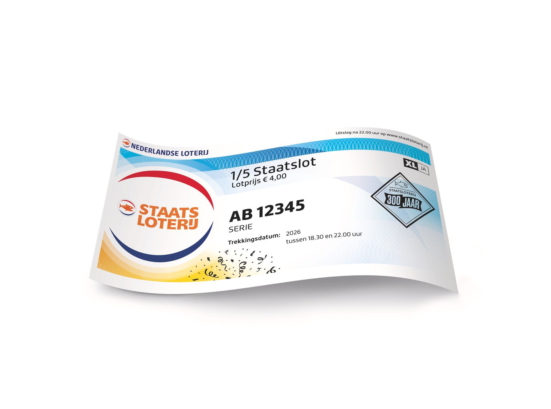 Staatsloterij lot, wit, blauw en oranje ontwerp, met tekst en logo, AB 12345.