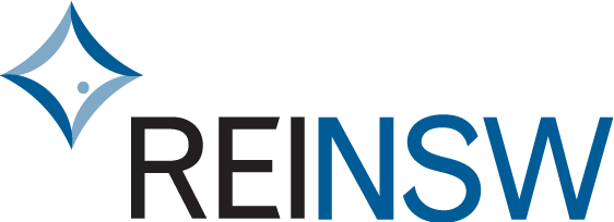 REINSW logo: Blue diamond shape and text.