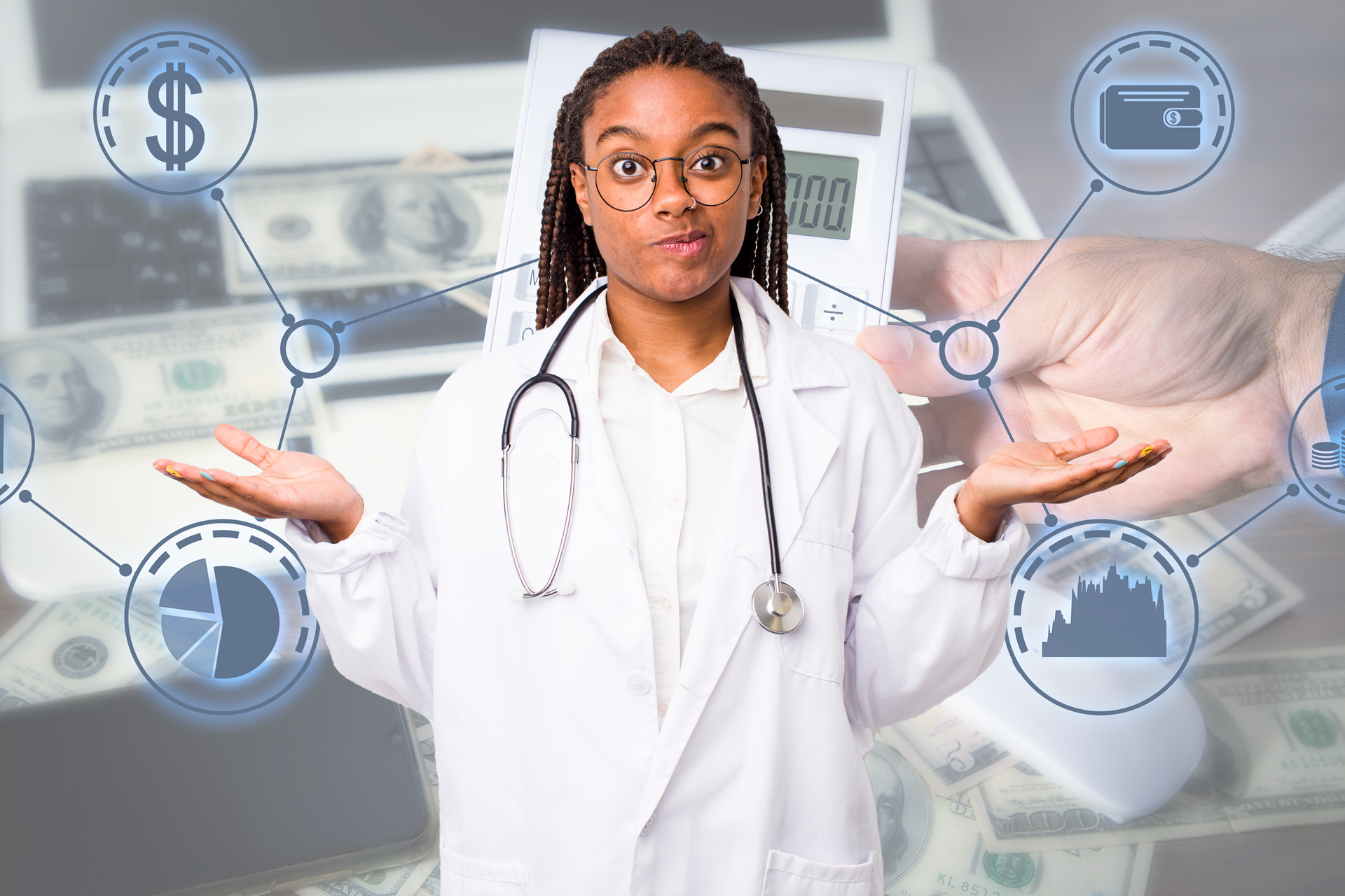 An African American doctor shrugging her shoulders  wondering what revenue cycle management is.